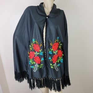 Vintage black cape floral embroidery with fringe